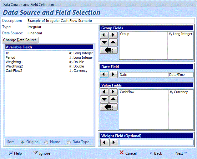 Irregular Cash Flow Analysis Field Selection for Microsoft Access