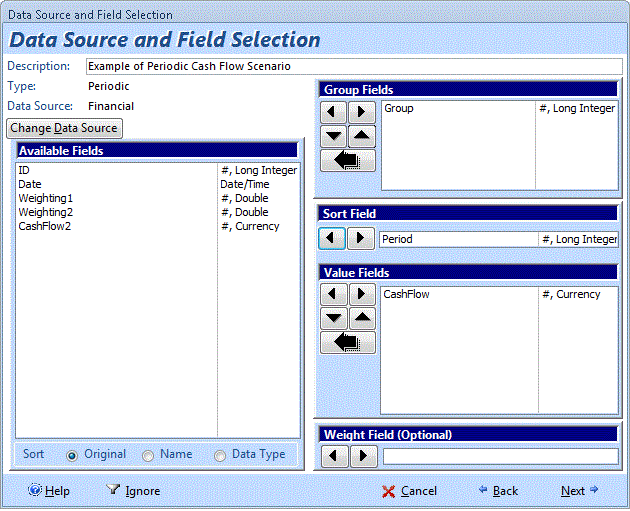 Microsoft Access table field selection for periodic cash flow analysis