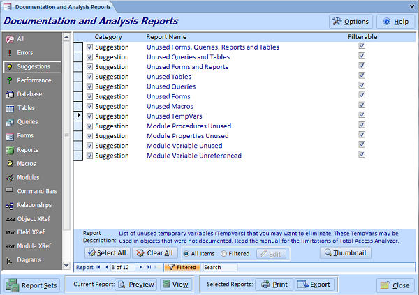 Filtered list of Unused Object reports under the Suggestions category of Total Access Analyzer