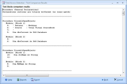 Text and/or Module Differences are Displayed with Options to Print or Export
