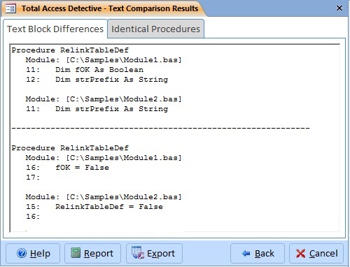 Text and/or Module Differences are Displayed with Options to Print or Export