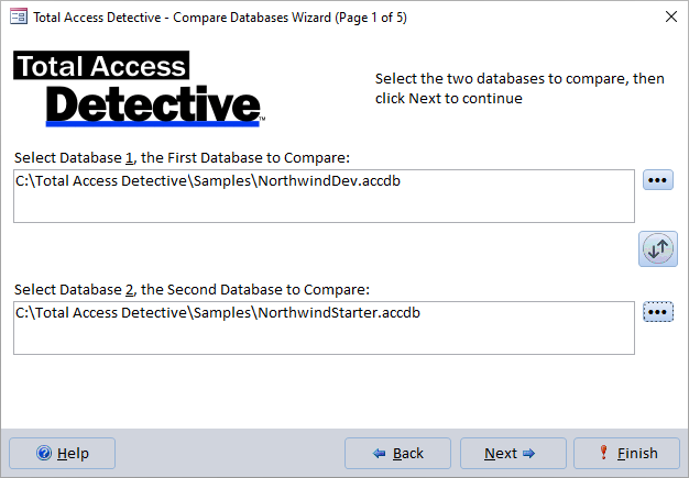 Specify the two Microsoft Access Databases to Compare for Differences