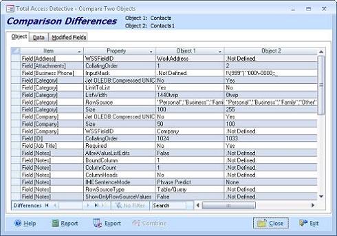 Microsoft Access Table Comparison Showing Field, Property and Data Differences