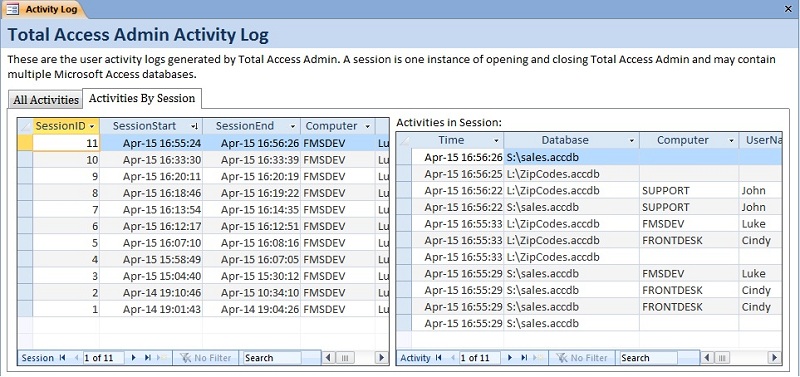 Activity Log by Session