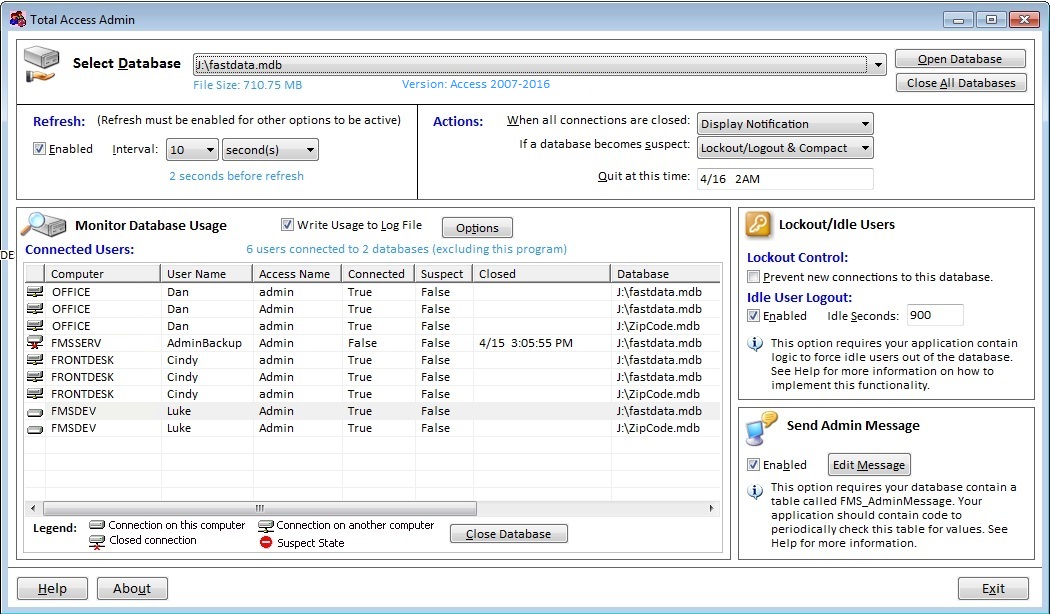 Main form of Total Access Admin to monitor users in Microsoft Access databases