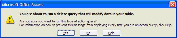 Microsoft Access Delete Query Warning that data will be modified