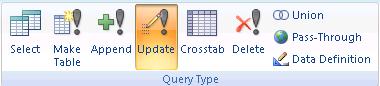 Update Query option on the Microsoft Access Query Ribbon for Specifying Query Type
