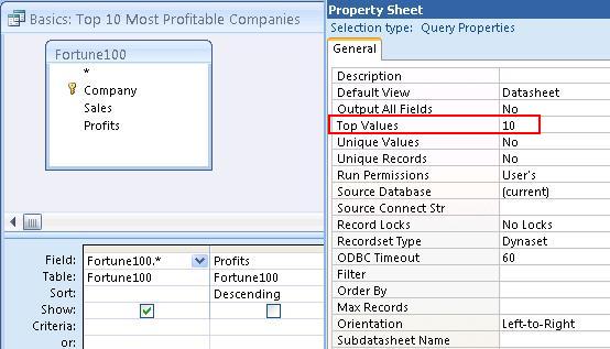 Microsoft Access Queries Top Values