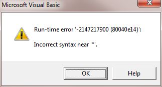 Incorrect syntax near '*' Run-time error '-2147217900 (80040e14)'