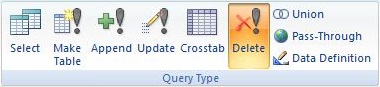 Microsoft Access Delete Query option on the Query Design Ribbon to Specify Query Type