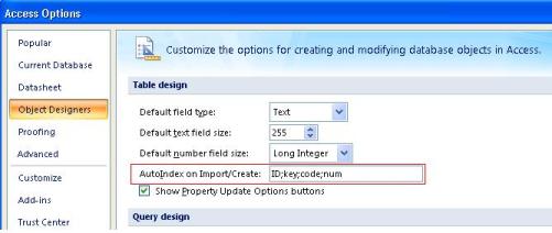 AutoIndex on Import/Create for Microsoft Access 2007