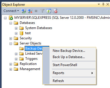 SQL Server Express New Backup Device Menu