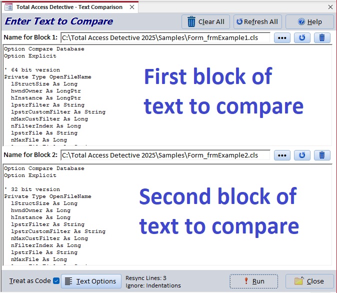 Compare Any Two Blocks of Text as VB6/VBA Modules or Classes for Differences