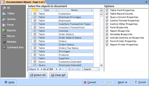 Select Microsoft Access database objects to document