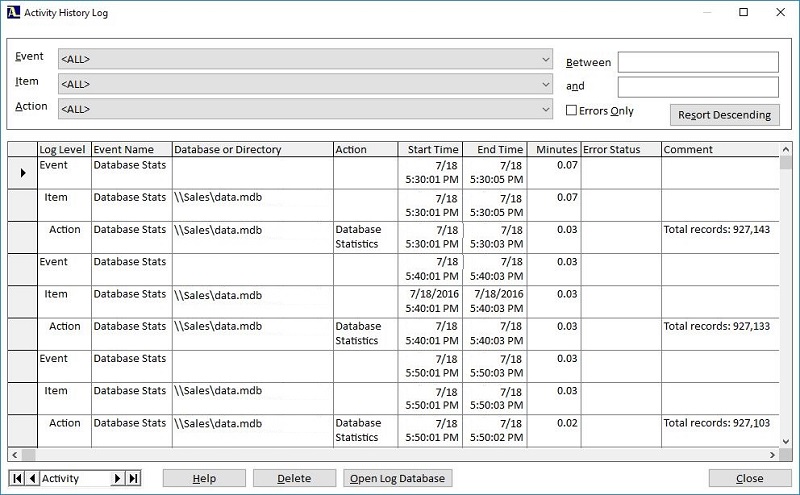 Activity History Log of Microsoft Access database maintenance