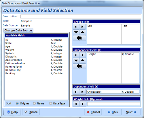 Select fields for statistical analysis