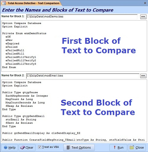 Compare Any Two Blocks of Text as VB6/VBA Modules or Classes for Differences