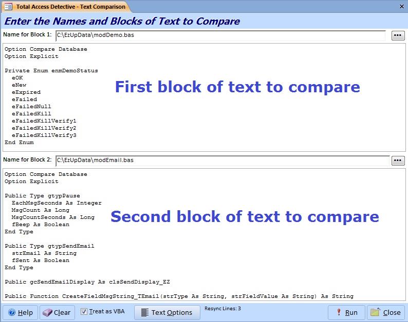 Compare any two blocks of text, modules, or classes from Microsoft Access, Excel, VBA, VB6, etc.