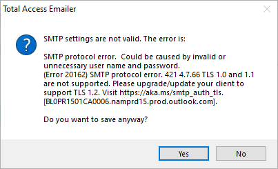 SMTP Protocol error 20162 TLS 1.0 and 1.1 are not supported