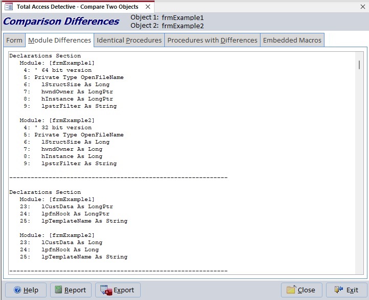 Example of Code Differences Between Two Modules in the Same Microsoft Access Database
