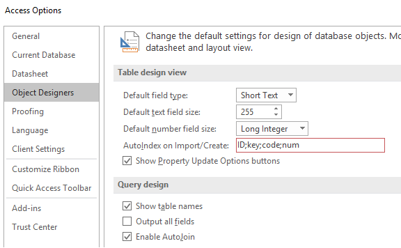 AutoIndex on Import/Create for Microsoft Access 2010, 2013 or 2016