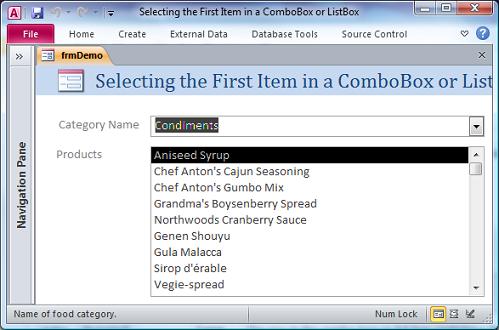 Select the first item in a Microsoft Access combo box