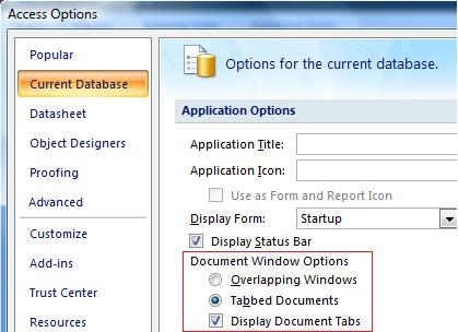 Setting the tabbed interface option in Microsoft Access 2007